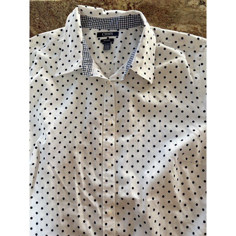Chaps 2X No Iron Button Up Polka Dot Gingham Shirt Preppy flip cuff Cotton - Picture 9 of 15